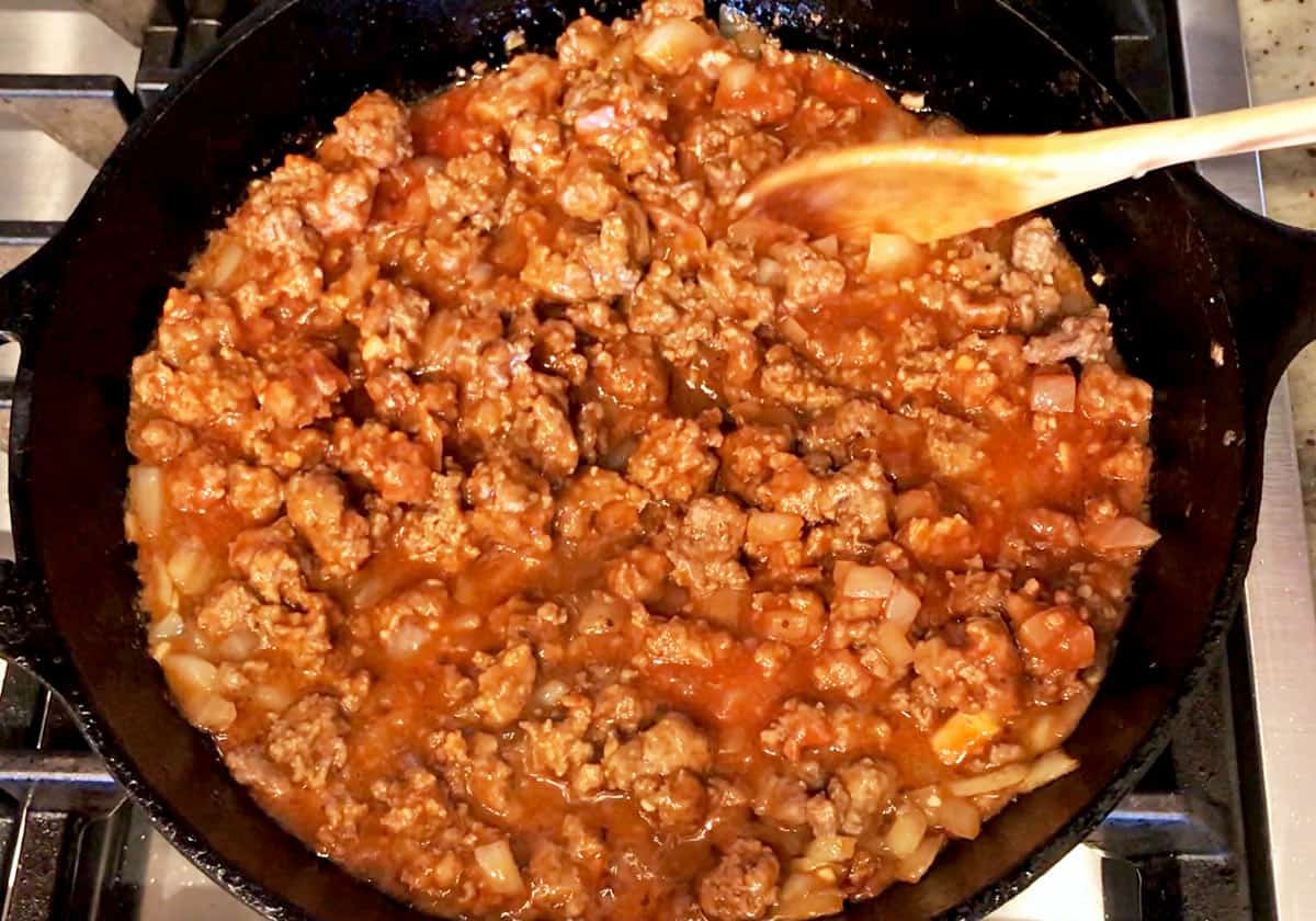 The sloppy joes are ready in the skillet.