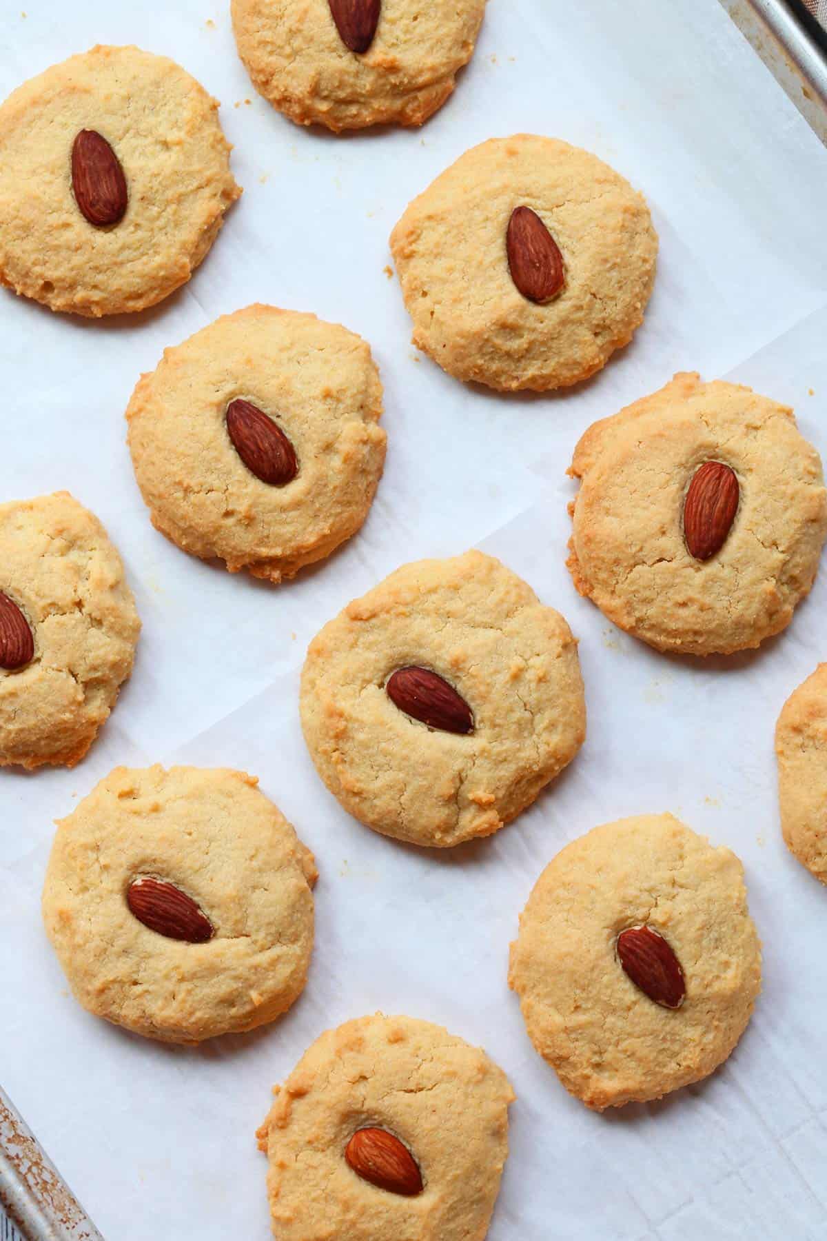 Almond flour cookies on a baking sheet.