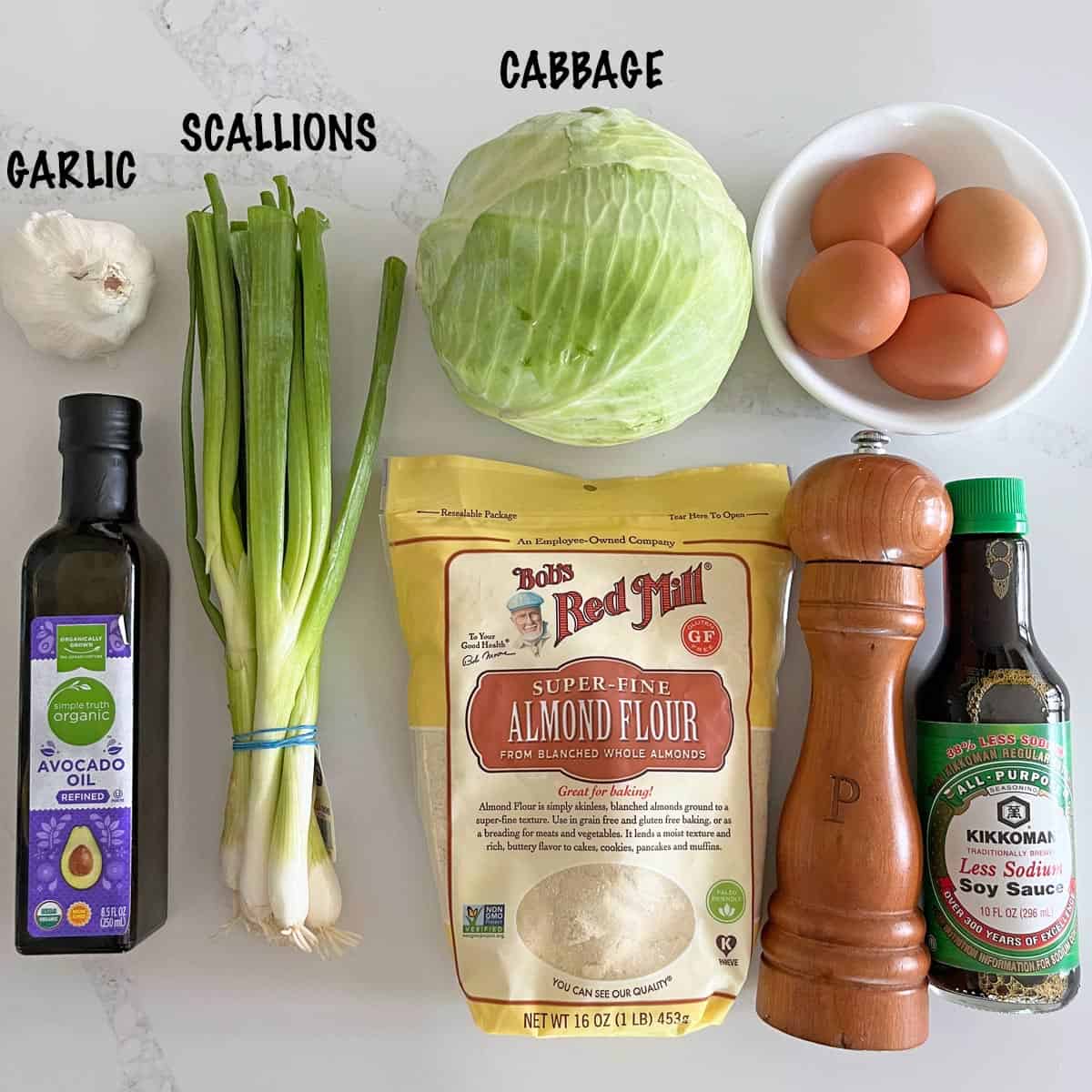 The ingredients needed to make cabbage pancakes.