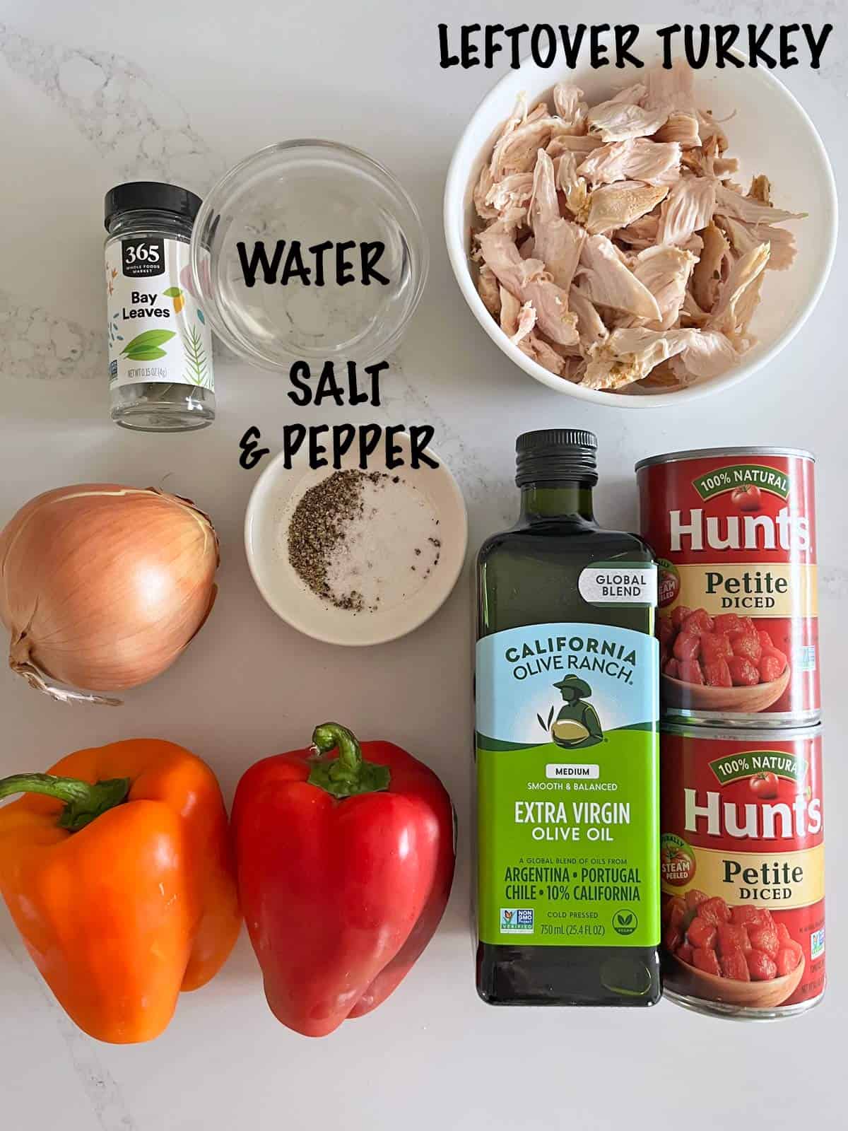 The ingredients needed to make a leftover turkey chili.