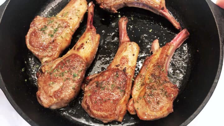 The lamb chops are ready in the skillet.
