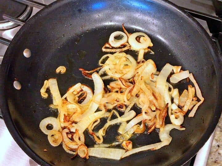 The onions are ready in the skillet.