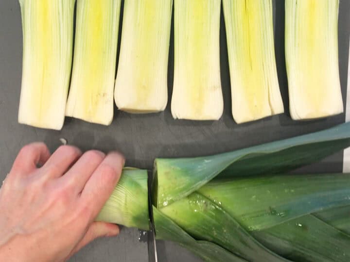 Prepping the leeks.