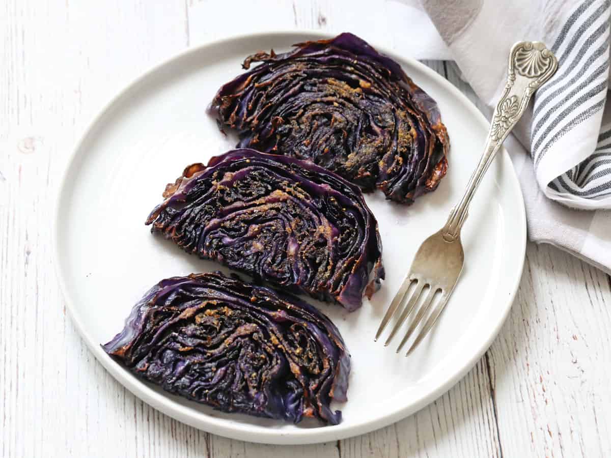 Roasted red cabbage on a plate.