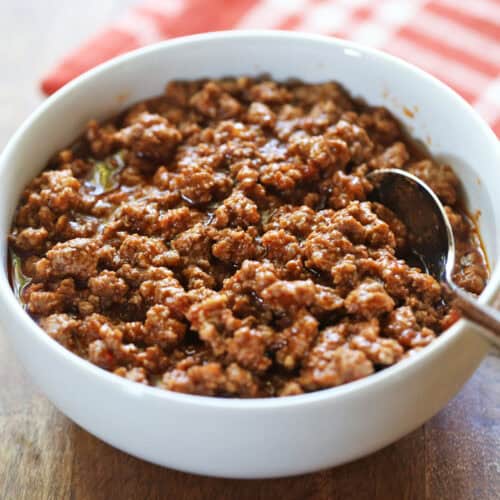 Keto sloppy joes are served in a white bowl.
