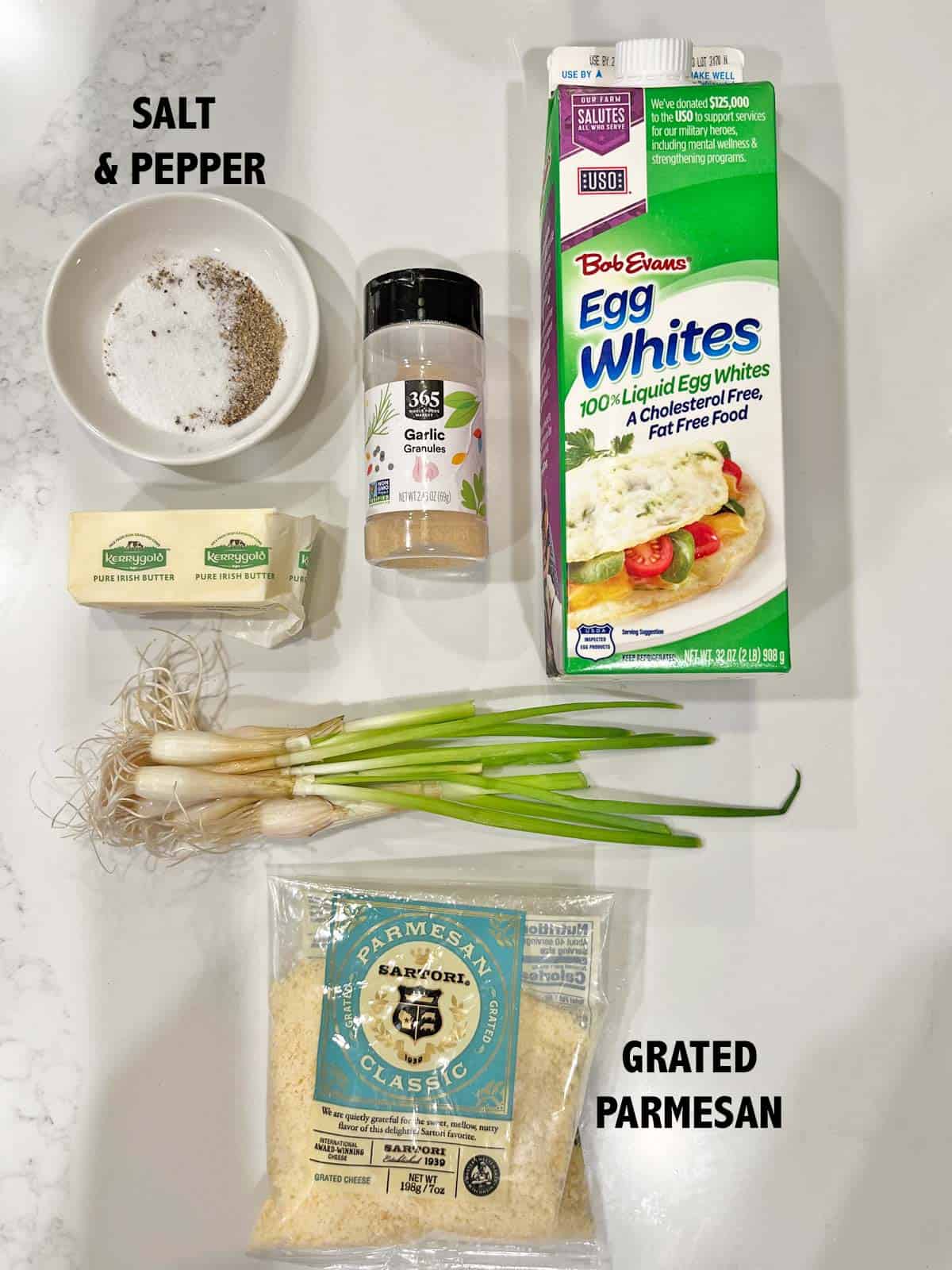 The ingredients needed to make egg white muffins.