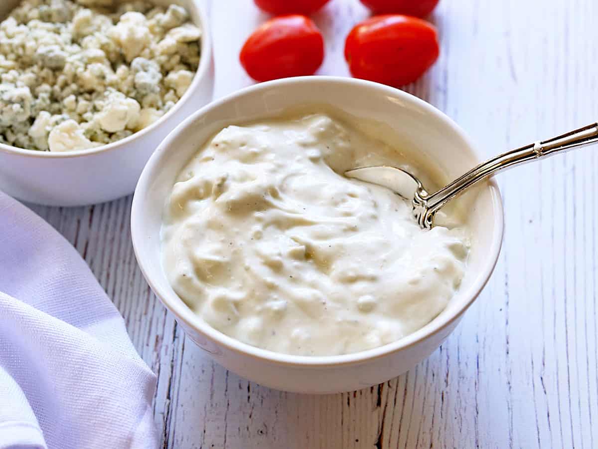 Blue cheese dressing in a bowl.