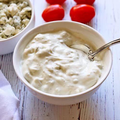 Blue cheese dressing in a bowl.