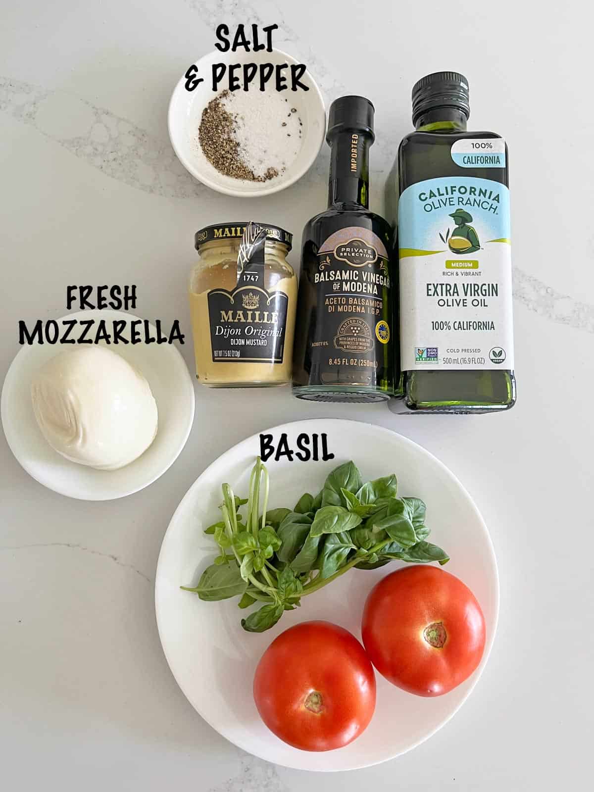 The ingredients needed for Caprese salad.