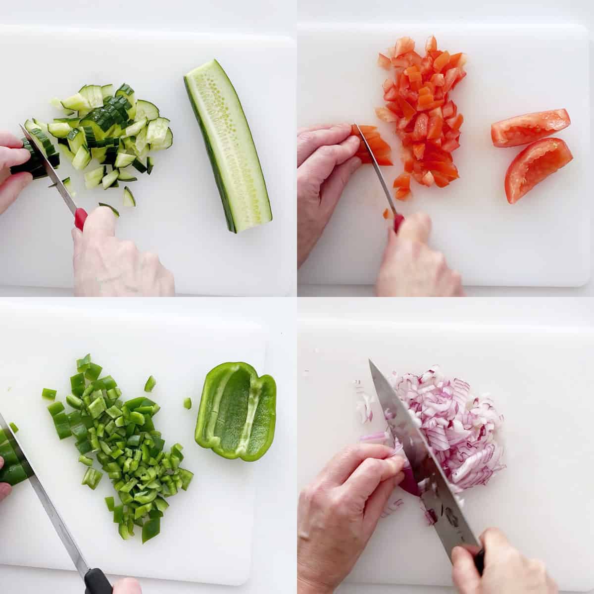 A four-photo collage showing how to dice the vegetables (cucumber, tomato, pepper, and red onion).