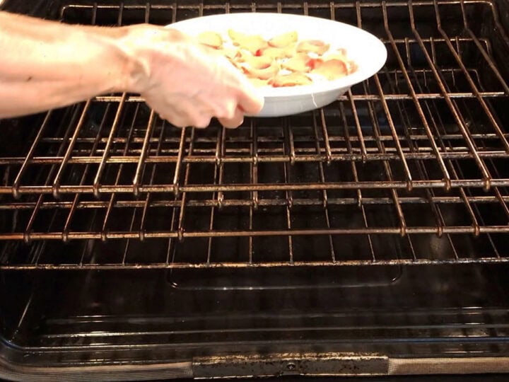 Placing the dip in the oven.