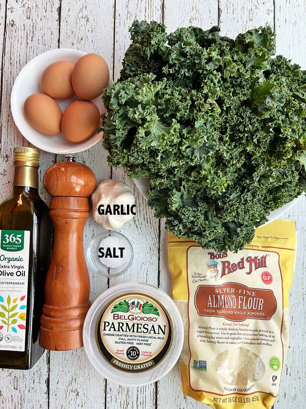 The ingredients needed to make kale fritters.