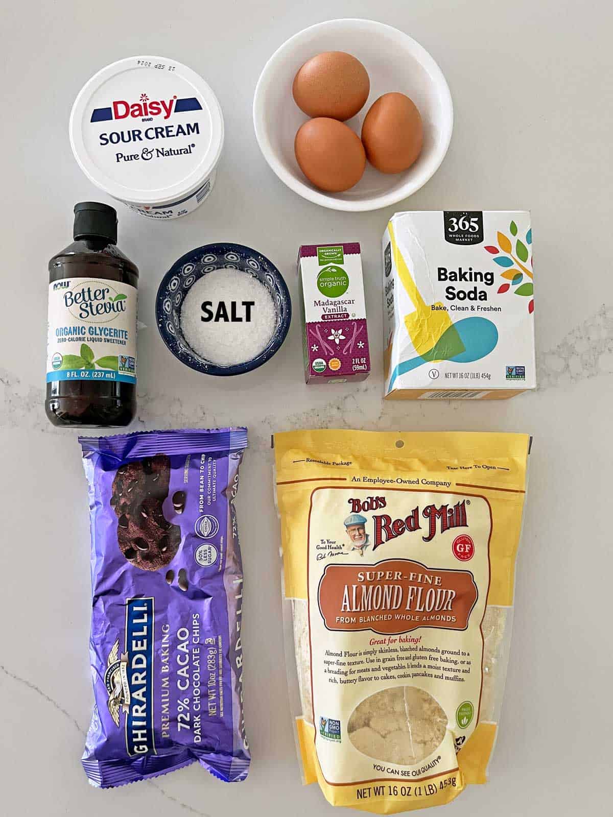 The ingredients needed to make keto chocolate chip muffins.