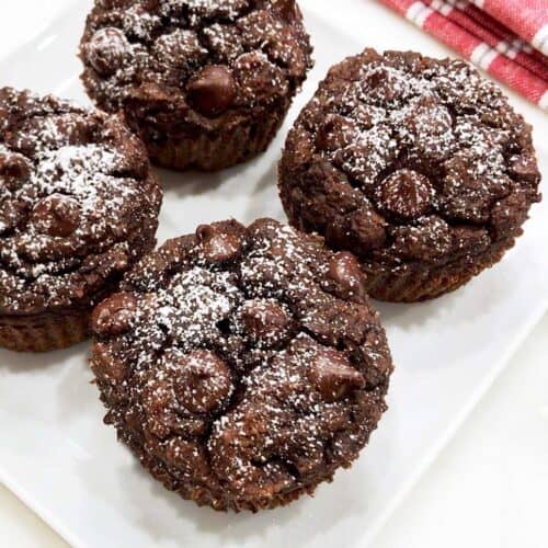 Keto chocolate muffins are served on a white plate.