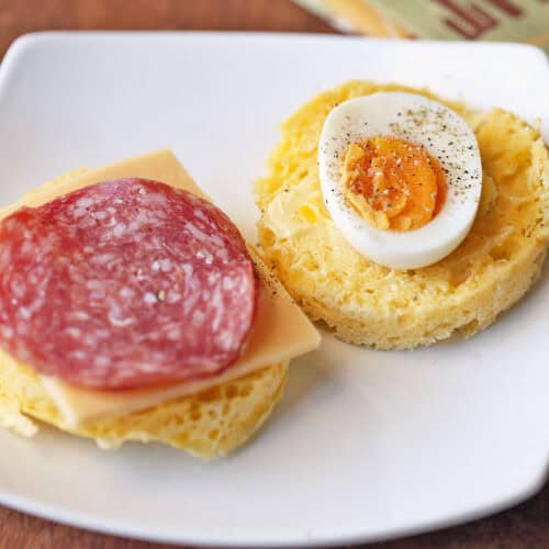 90-second bread slices are topped with salami, cheese, and an egg.