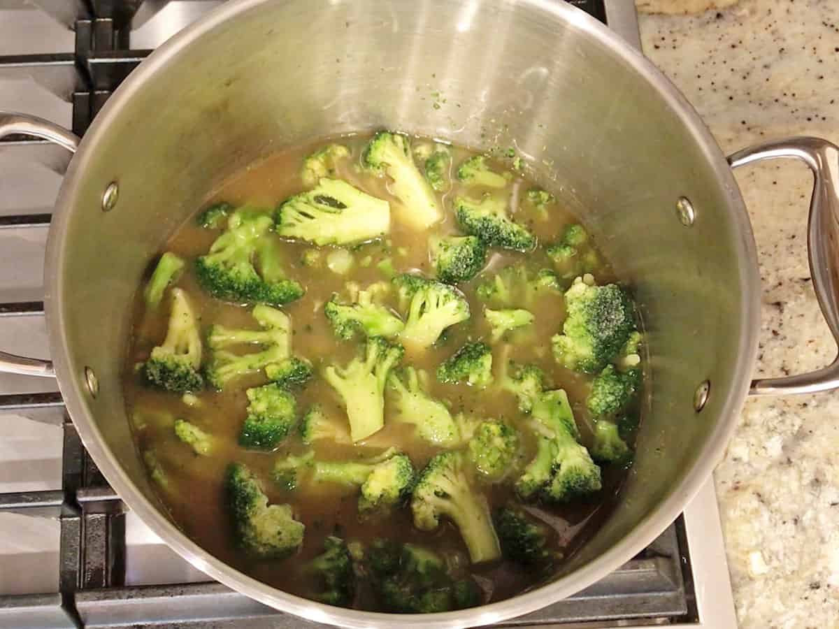The broccoli florets were added to the stockpot.