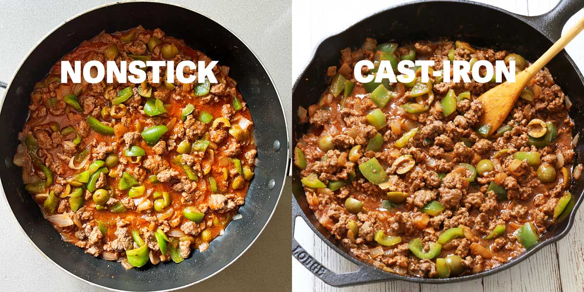 A two-photo collage of picadillo, one in a nonstick skillet and one in a cast-iron skillet.