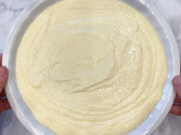 The cake batter was transferred to the pie plate.