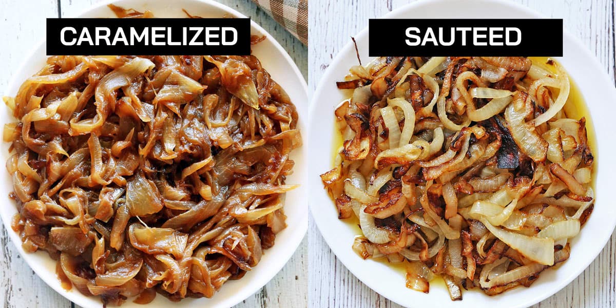 A comparison between caramelized and sauteed onions.