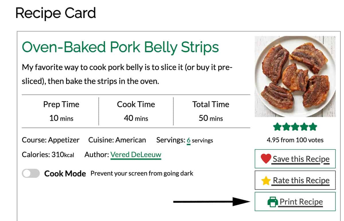 Print button on a recipe card.