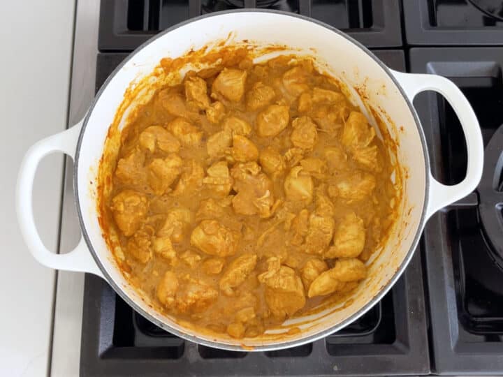 Coconut milk and PB2 were added to the stockpot.