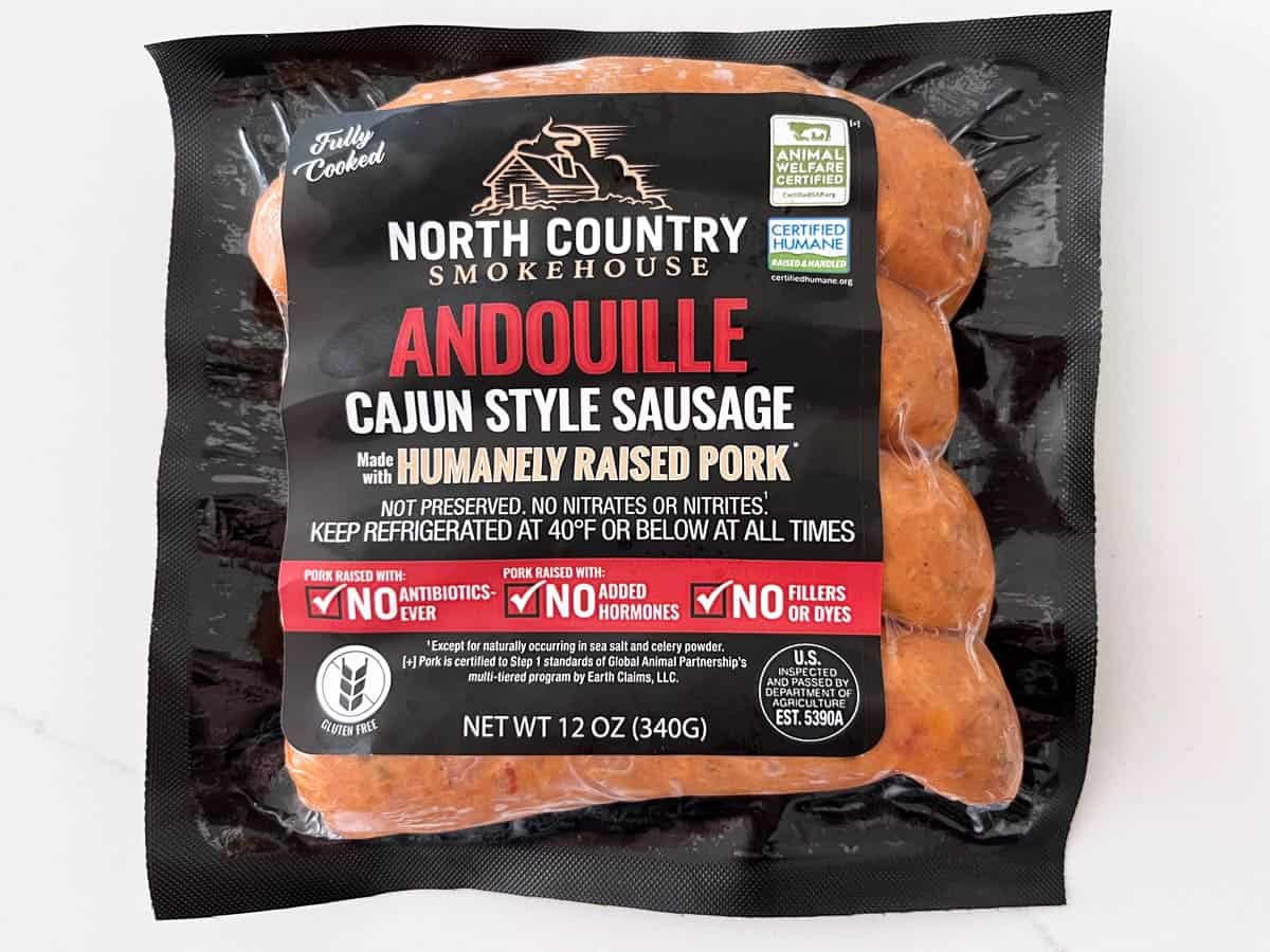 A package of Andouille sausages.