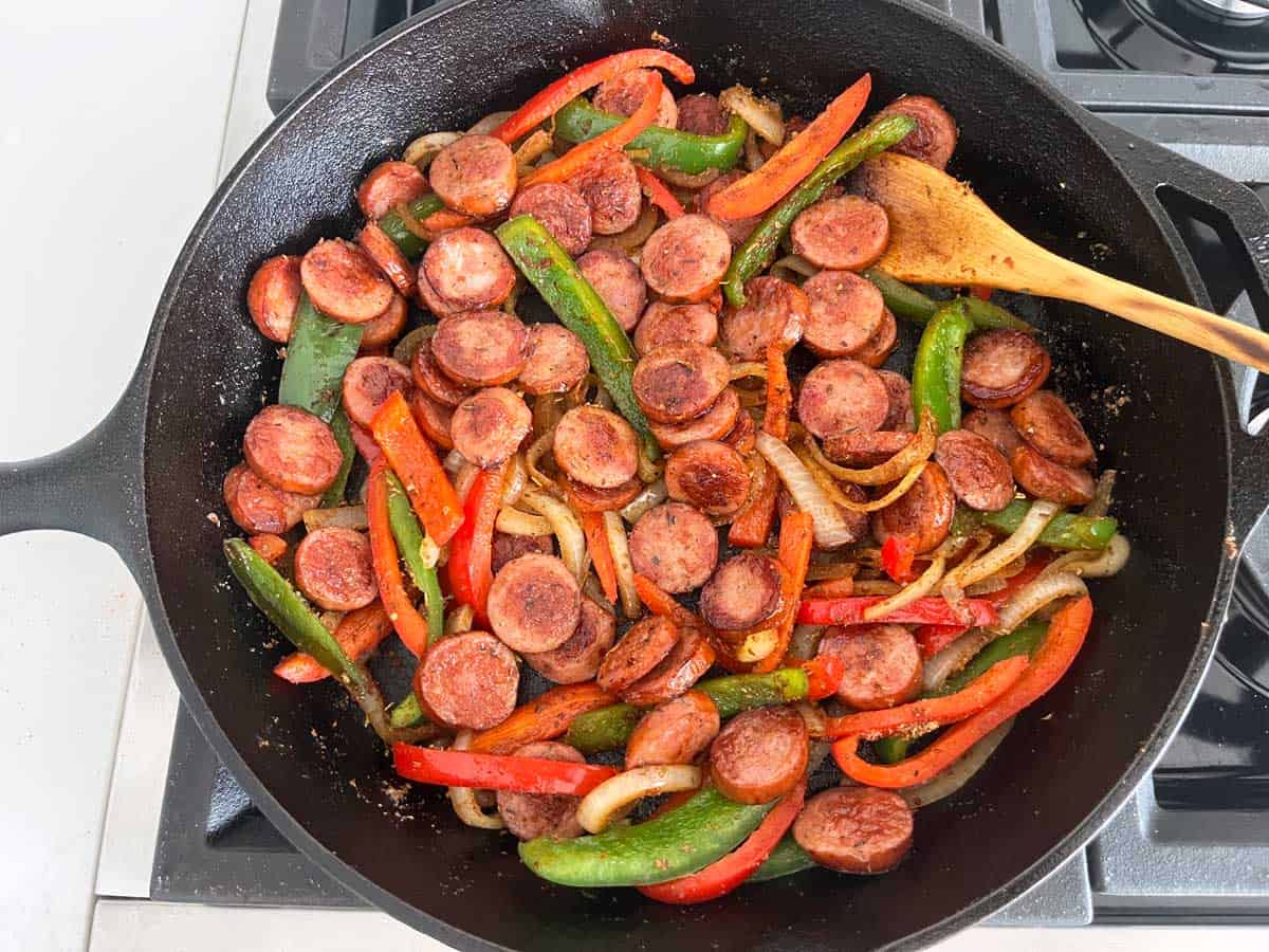 The sausage was added back to the skillet.