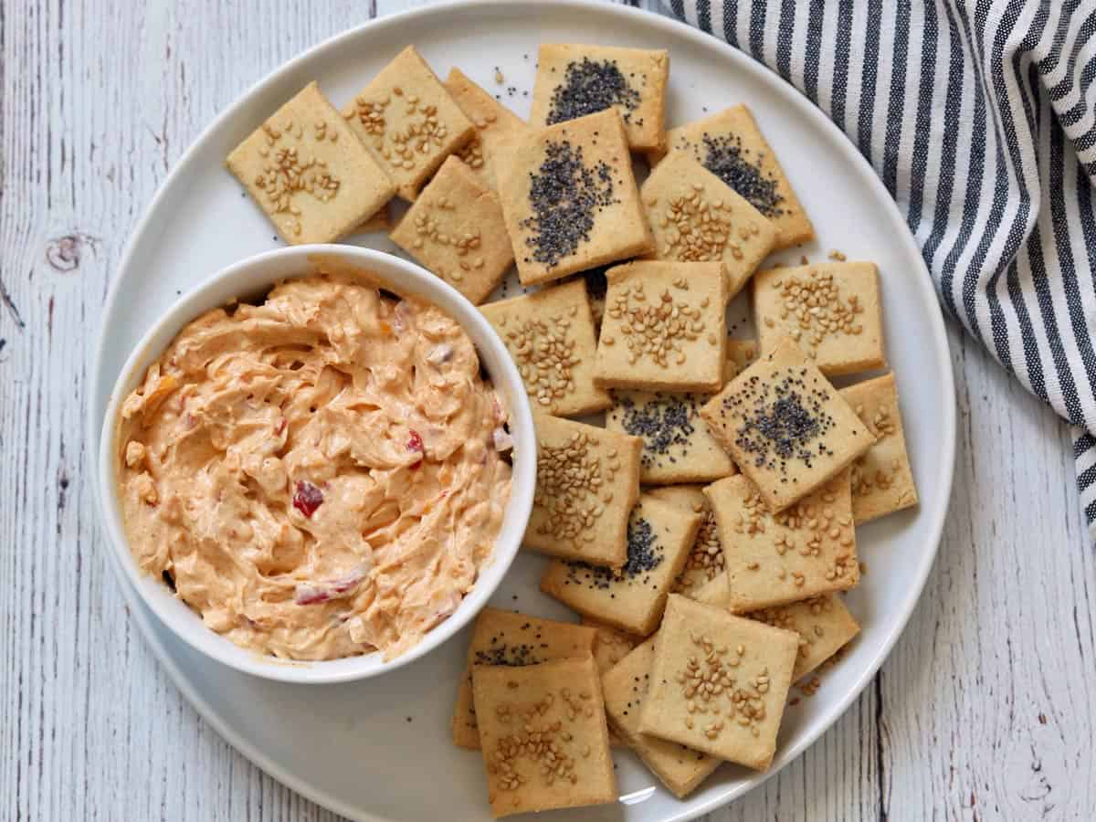 Almond flour crackers are served with pimento cheese.