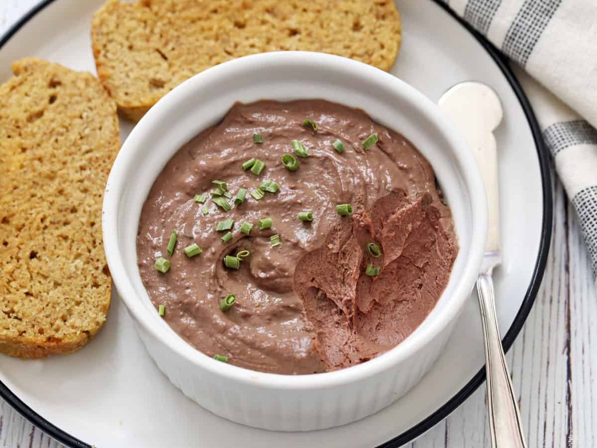 Chicken liver pâté is served with almond flour bread.