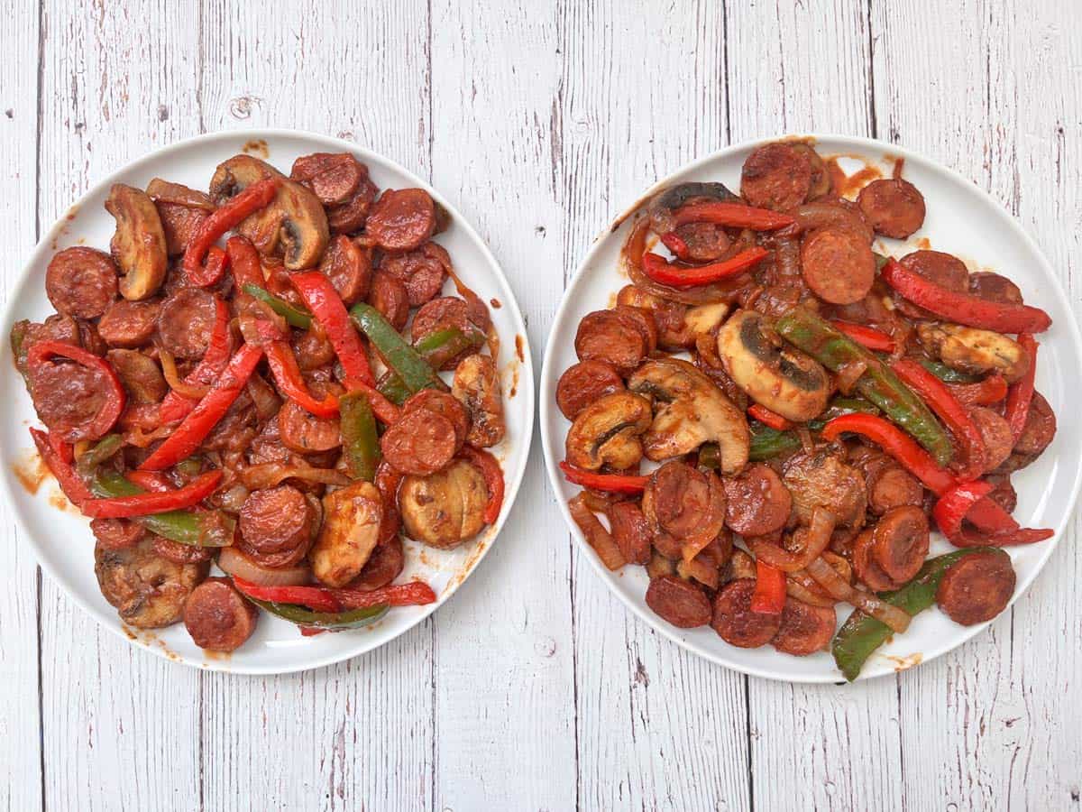 Sausage and peppers was divided between two plates.