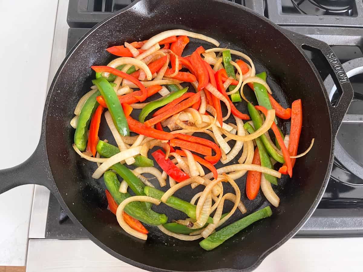 The vegetables are browned in the skillet.