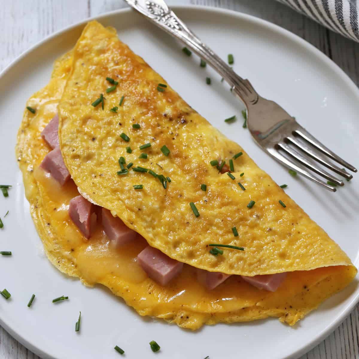 Ham and cheese omelette on a plate.