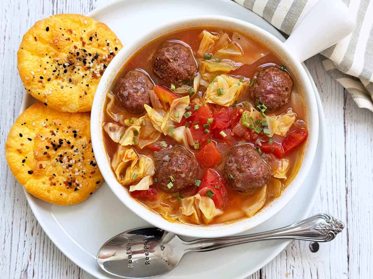 Cocktail meatballs were added to a cabbage soup.