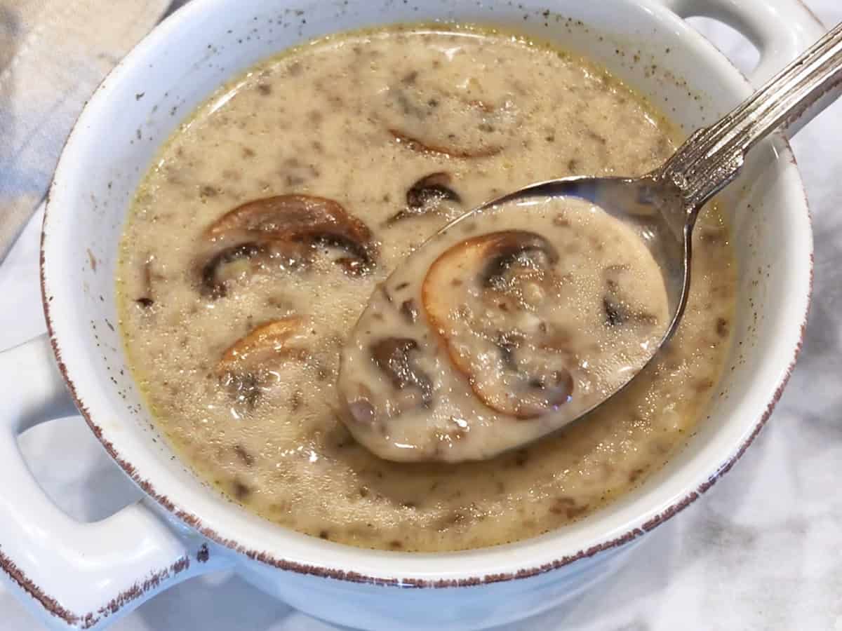 A thinner mushroom soup made without flour.