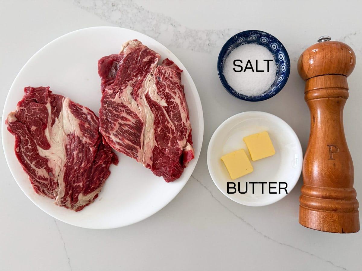 The ingredients needed to cook chuck eye steak.