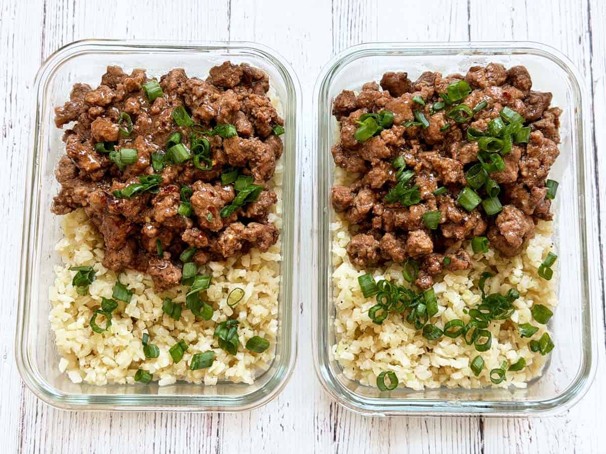 Two meal-prep containers of Korean ground beef.