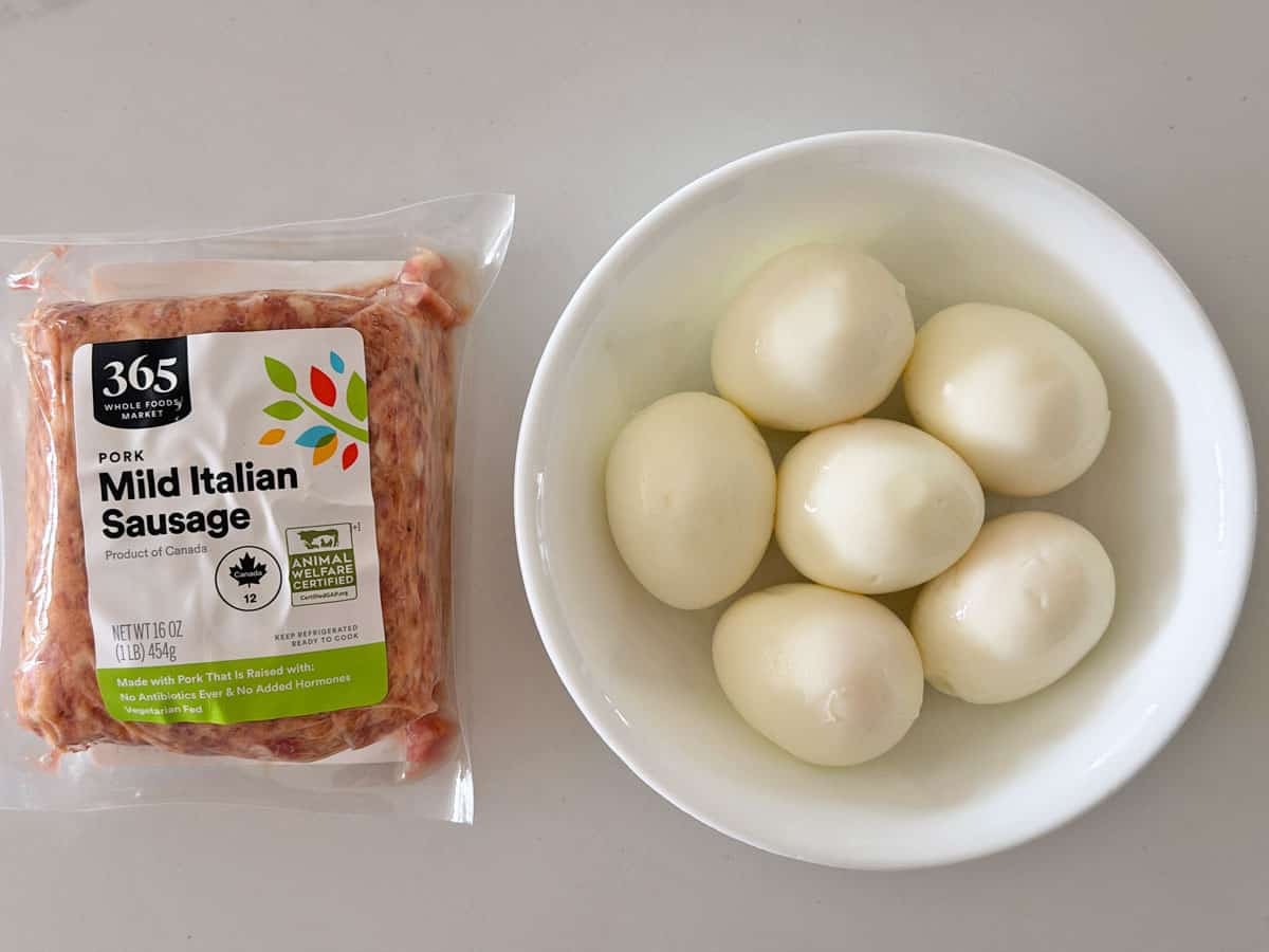 The ingredients needed to make a baked version of Scotch eggs.