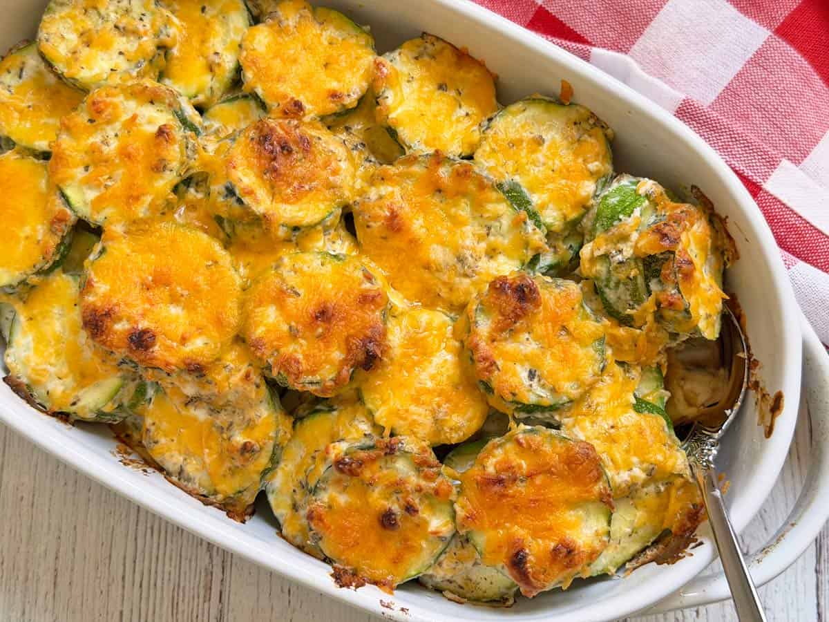 Zucchini casserole sour cream variation is served.
