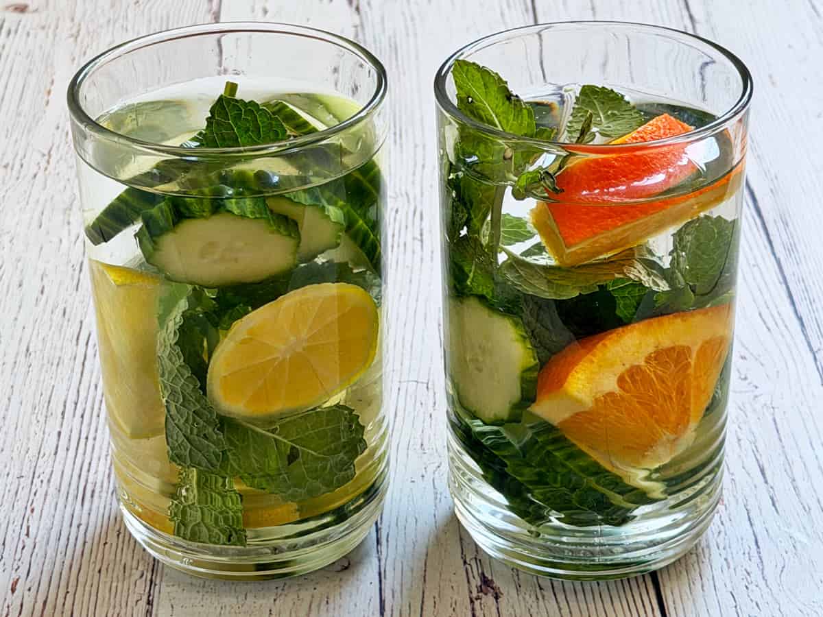 Cucumber water with lemons and with oranges.